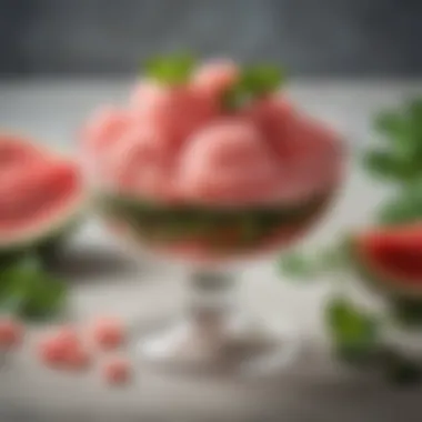 Close-up of Schwans Watermelon Sherbet served in a bowl with a sprig of mint