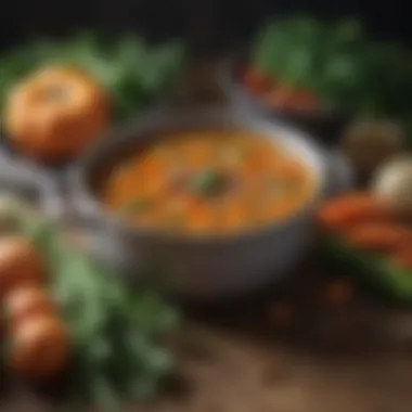 An array of seasonal vegetables lined up next to a pot of simmering lentil soup.