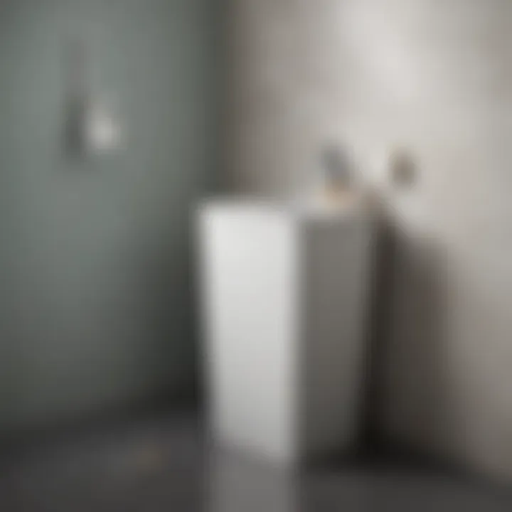 Modern bathroom with a sleek trash can featuring a lid