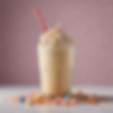 Presentation of the Cake Batter Shake A beautifully styled glass of cake batter shake, adorned with a colorful straw and sprinkles on top.