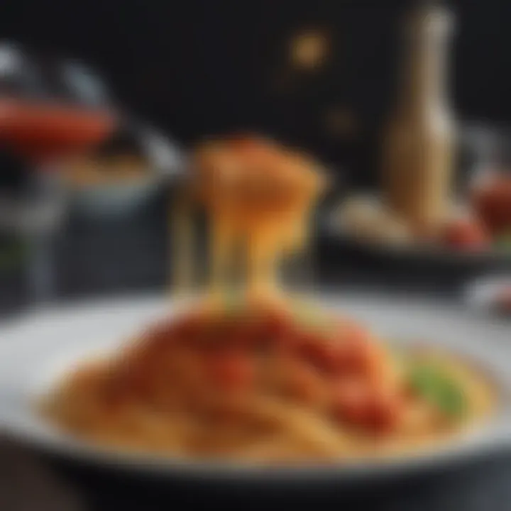 An elegant dining setting featuring spaghetti with tomato sauce