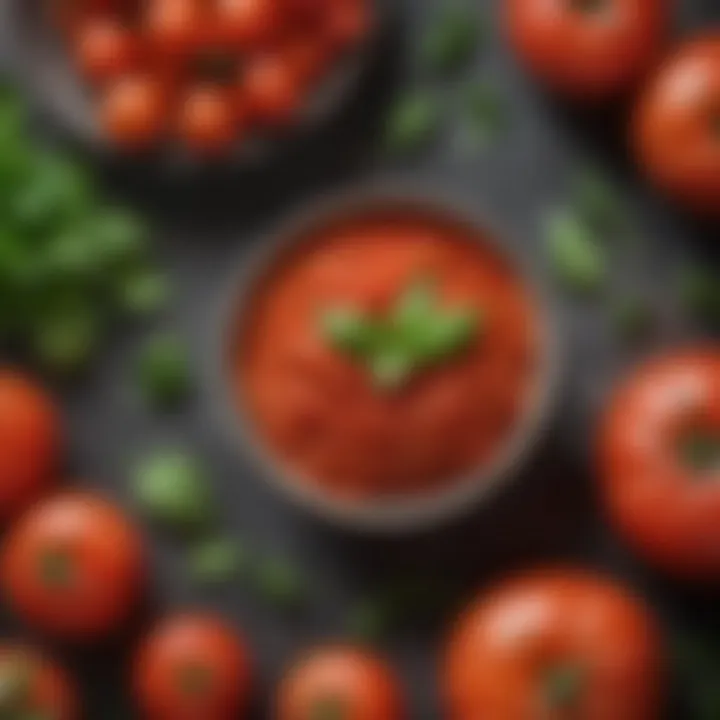 Close-up of fresh tomatoes and herbs for making a homemade tomato sauce