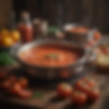 A rustic kitchen scene showcasing a pot of simmering tomato sauce