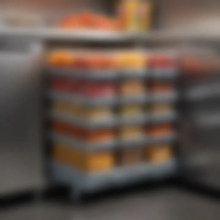 Stackable fridge bins in a commercial kitchen