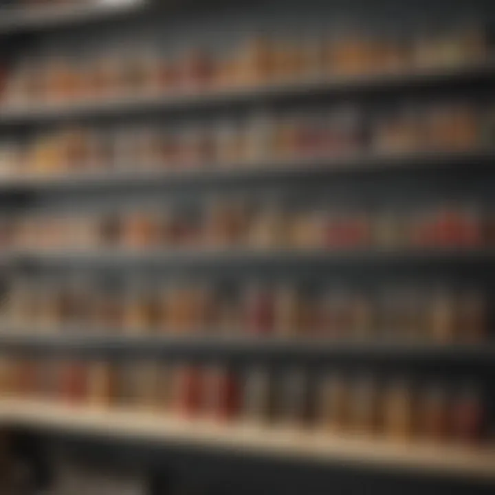 Open shelving displaying colorful spices and jars