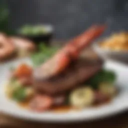 An elegant arrangement of surf and turf featuring succulent lobster and grilled steak.