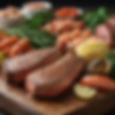 A close-up of fresh ingredients including seafood and prime cuts of meat.