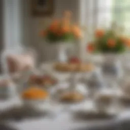 Elegant table setting for a tea party with fine china and floral accents