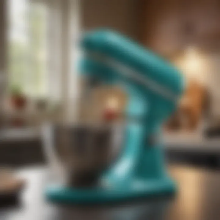 A well-maintained teal stand mixer in a cozy kitchen setting