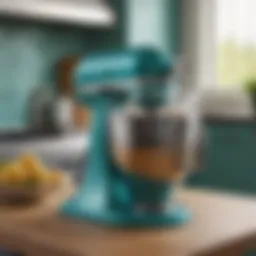 Elegant teal stand mixer elegantly placed on a kitchen countertop