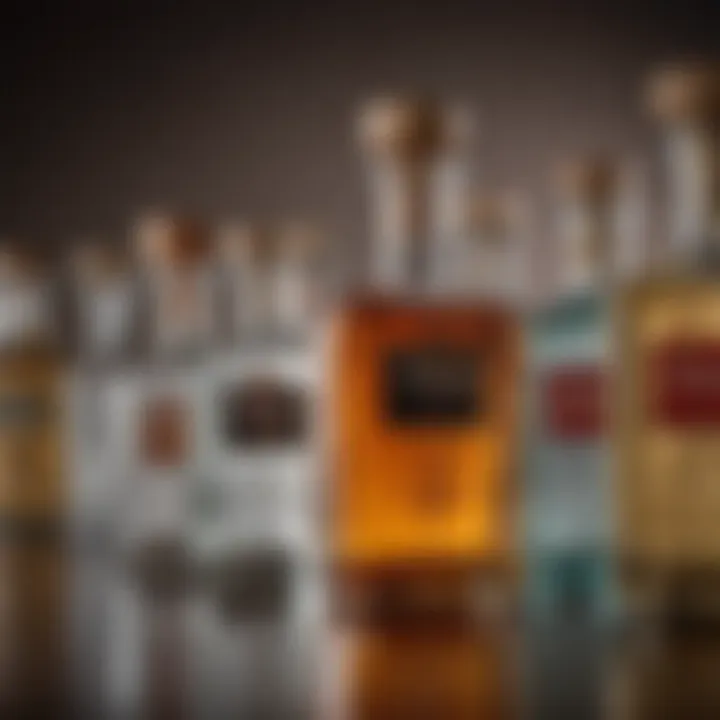 A close-up of different tequila bottles with distinct labels and colors, representing various types