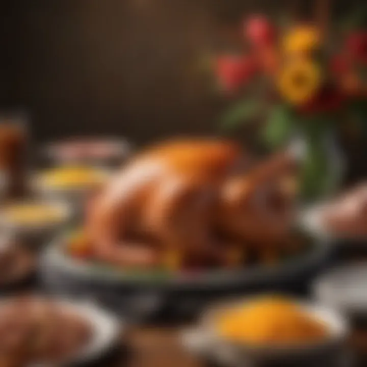 A festive table set for Thanksgiving with honey baked ham centerpiece