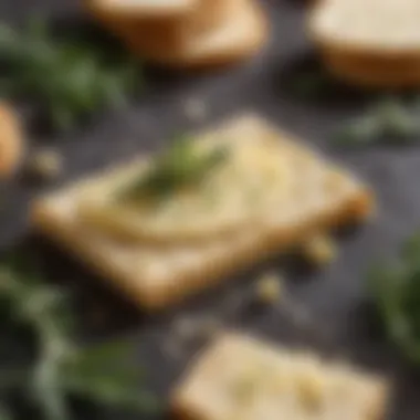Gourmet Butter Cracker A close-up of a butter cracker topped with gourmet cheese and herbs