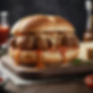 Gourmet Presentation of Meatball Parmesan Sandwich An artistic presentation of a gourmet meatball parmesan sandwich