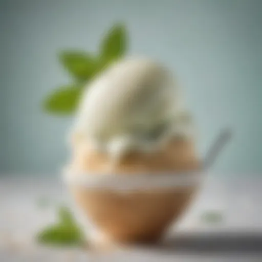 A bowl of creamy coconut milk ice cream with a sprig of mint on top
