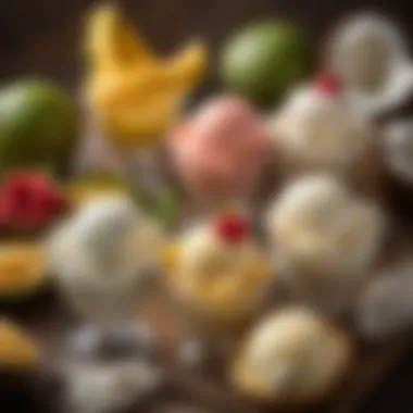 Tropical Flavor Combinations An assortment of tropical fruits beside various flavors of coconut milk ice cream