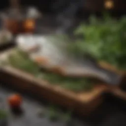 Steam cooking setup for fish with herbs