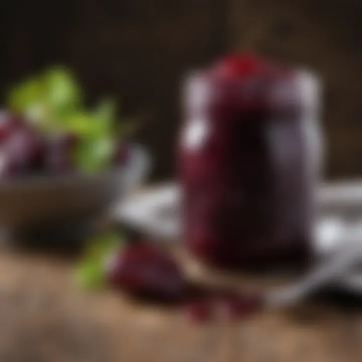 A beautifully arranged jar of homemade grape jam on a rustic table