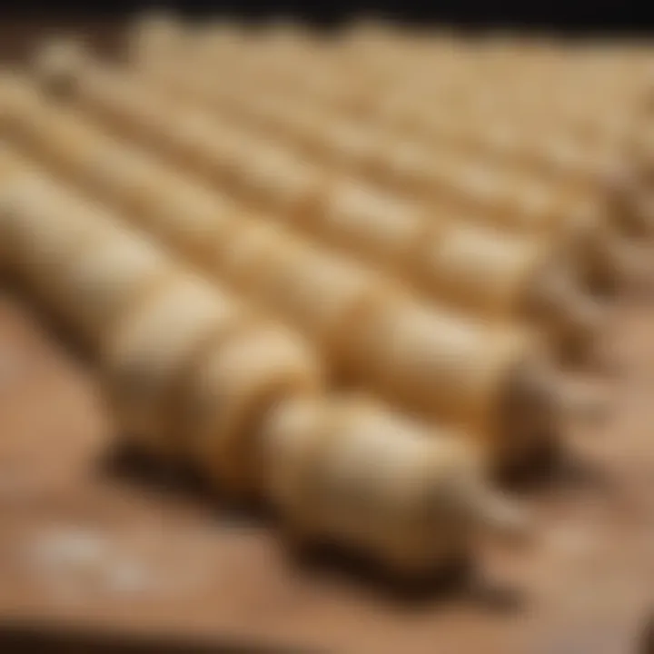 Close-up of various types of pie dough rollers lined up for comparison