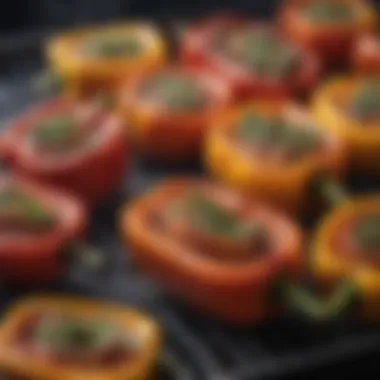 Marinated peppers on a grilling rack with herbs and spices