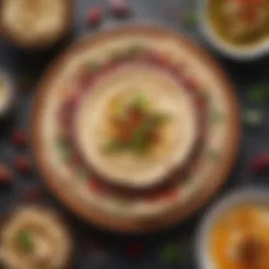 Creative Hummus Garnishes A visually appealing spread of hummus with unique garnishes and spices