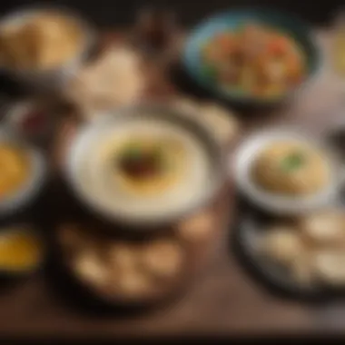 Elegant Hummus Table Setting Stylish table setting with hummus and complementary side dishes