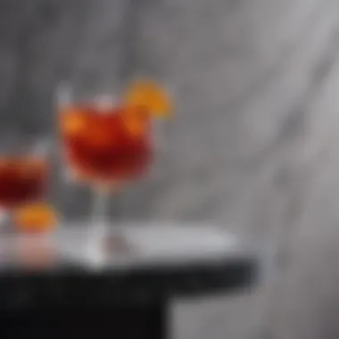 Stunning Presentation of Bourbon Negroni A beautifully presented Bourbon Negroni on a marble bar top, showcasing its rich color.
