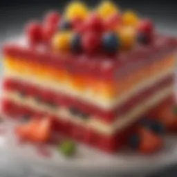 A vibrant Jello poke cake adorned with fruit toppings