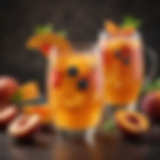 A vibrant glass of peach sangria adorned with fresh fruits