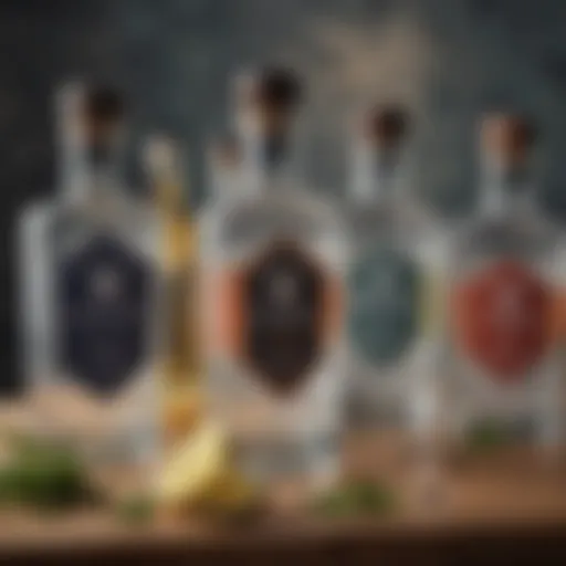 A close-up of premium gin bottles showcasing various botanicals