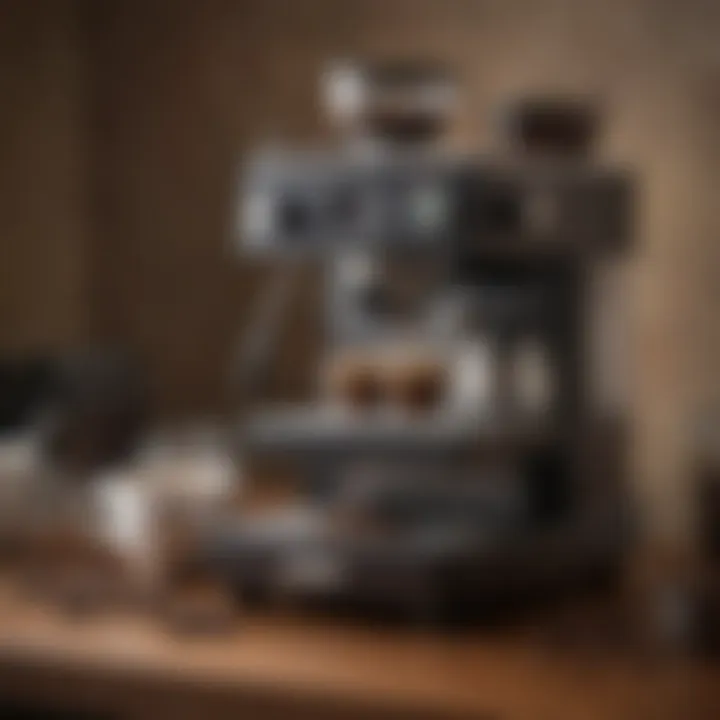 A beautifully arranged espresso setup with accessories like a grinder and scale, ready for brewing.