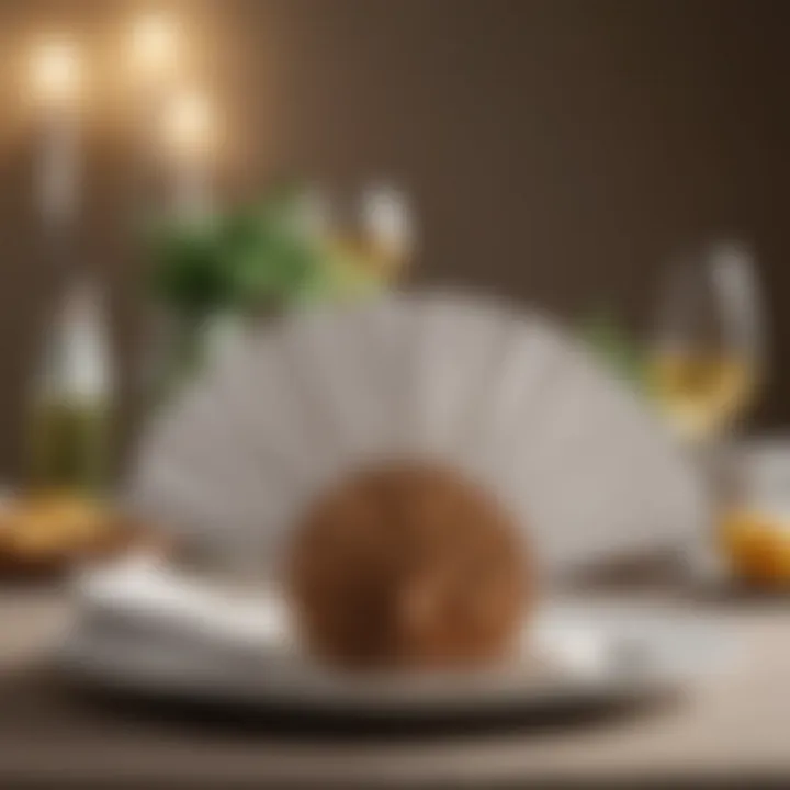 A sophisticated dining setup featuring napkin fans