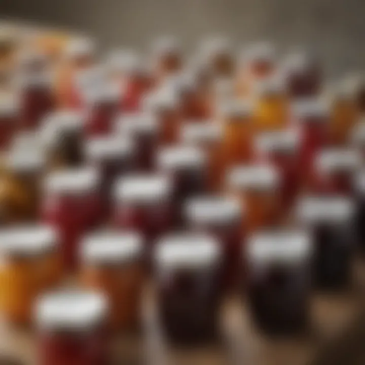 An array of colorful jars filled with homemade jam varieties