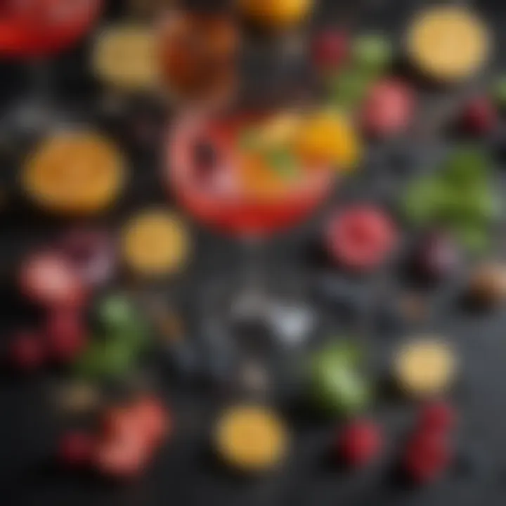 An assortment of vibrant cocktail ingredients and garnishes