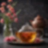 Elegant teapot alongside blooming tea flowers