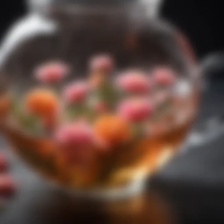 Close-up of flowering tea unfurling in a clear teapot