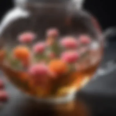 Visual Splendor of Infusion Close-up of flowering tea unfurling in a clear teapot
