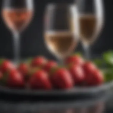 Close-up of strawberries alongside a glass of sparkling wine