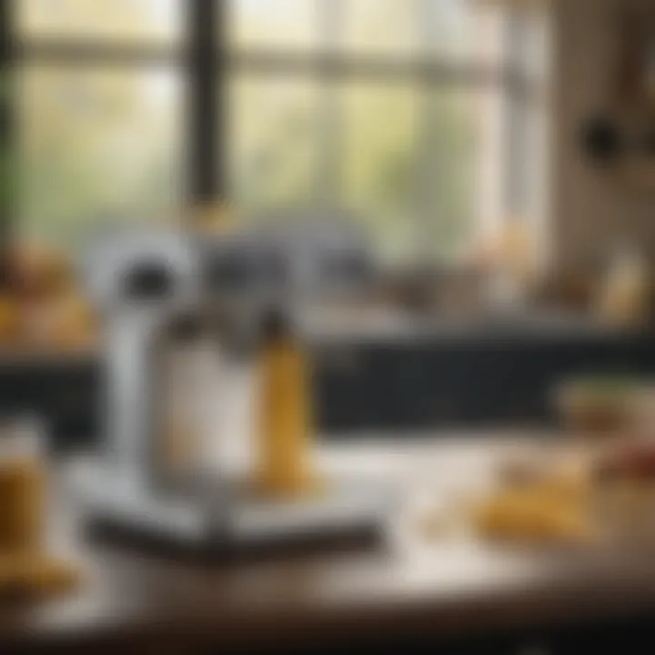 A beautifully styled kitchen scene with a pasta machine and essential ingredients for pasta-making.