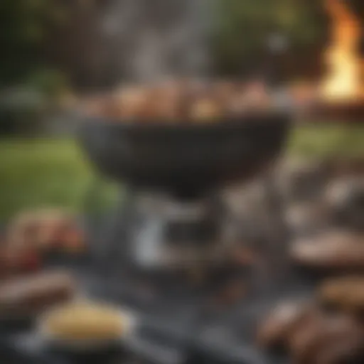 A beautifully arranged kettle grill with an array of grilling accessories and tools.