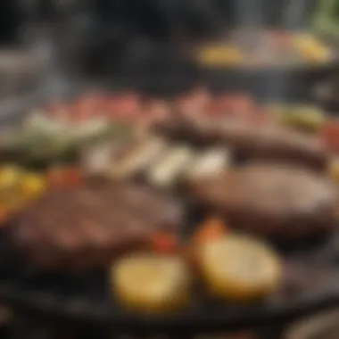 Perfectly Grilled Delicacies A detailed view of perfectly grilled meat and vegetables on a kettle barbecue.