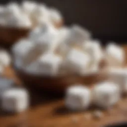 A close-up view of fluffy vegan marshmallows on a wooden surface