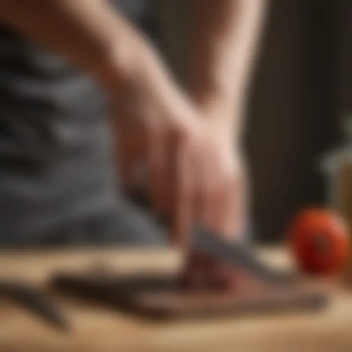 A person testing the grip and comfort of a paring knife in a kitchen setting