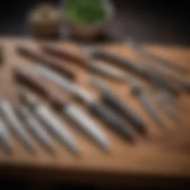 A variety of paring knives displayed on a wooden countertop