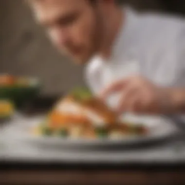 Chef skillfully plating veggie chicken breast gourmet dish