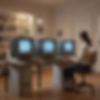 Engagement with Early Macintosh Systems A nostalgic representation of users engaging with early Macintosh systems in a collaborative environment.