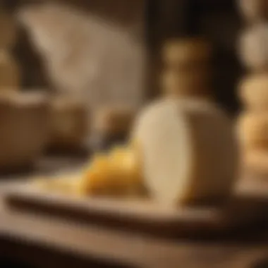 A picturesque parmesan cheese wheel aging in a traditional cheese cave