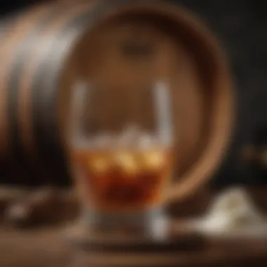 A detailed look at a whisky barrel alongside a glass of creamy concoction.