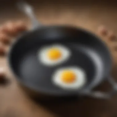 Close-up view of a non-stick pan showcasing its surface ideal for easy egg poaching.