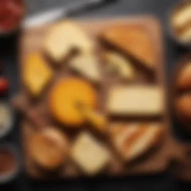 A selection of various cheese types arranged artfully on a wooden platter